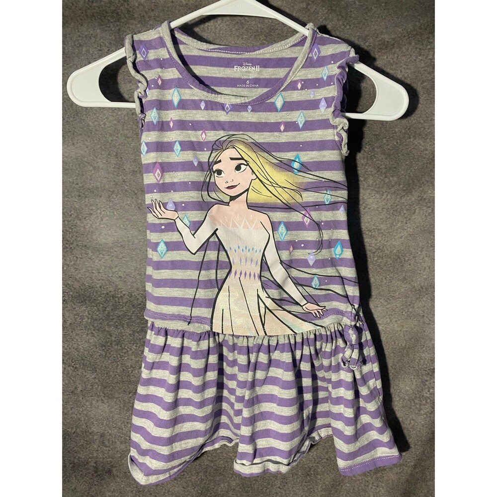 Disney Frozen 2 Elsa Girls Dress Size 6 Purple Gray Striped Ruffle Sleeve